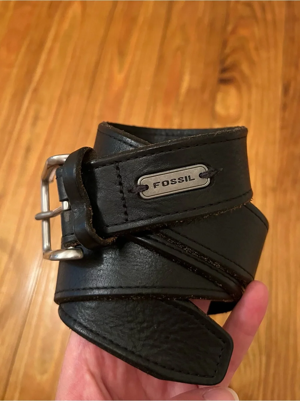 Men’s Vintage Fossil Genuine Leather Black Belt With Silver Buckle Size 38